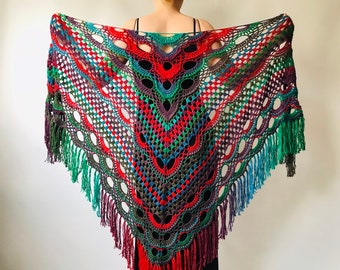 Green Triangle Shawl Fringe, Blue wool Crochet Plus size Wraps, Red  Knit summer Evening festival triangle scarf White Beige Black