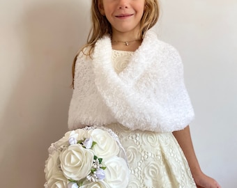 from USA Flower girl shawl white shrug winter wedding shawl ivory bridal jacket faux fur knit shawl communion shrug girls bolero children