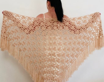 Champagne Lace Wedding Shawl, Fuzzy bridal Fringe Wrap, Plus Size