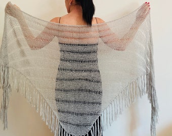 from USA Gray Mohair Wedding Shawl Fringe Triangle Shawl Sequins Bridal Shawl, Bride Wool Shawl Women, Bridesmaid Shawl Length 133"/340cm