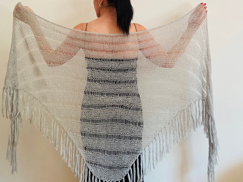 from USA Gray Mohair Wedding Shawl Fringe Triangle Shawl Sequins Bridal Shawl, Bride Wool Shawl Women, Bridesmaid Shawl Length 133/340cm image 1