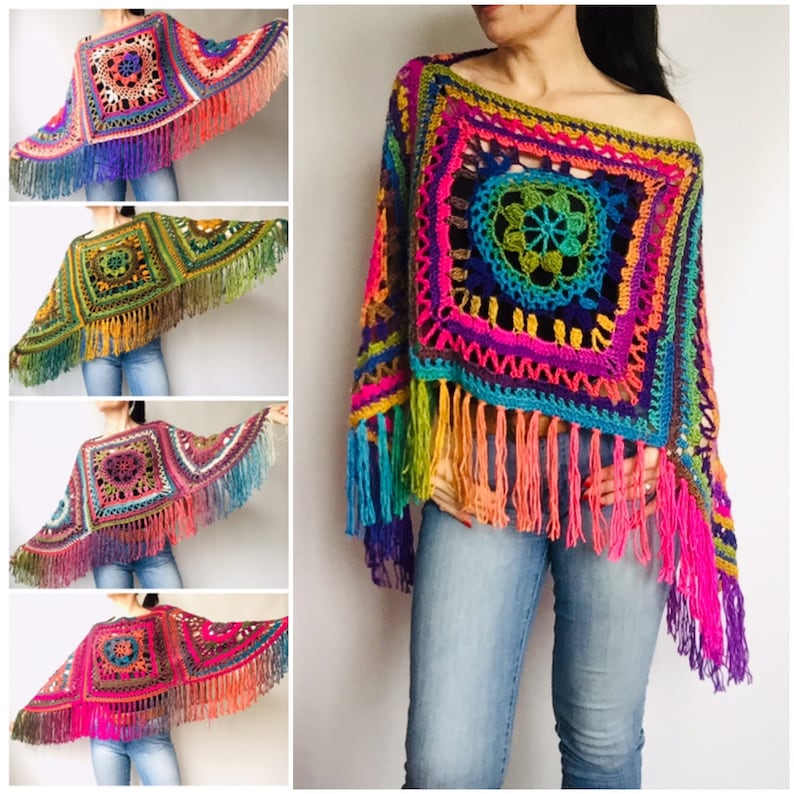 Multicolored Loose fit sweater Knit crochet Vegan festival hippie Pride winter poncho wrap plus size Rainbow soft poncho Women fringe vest