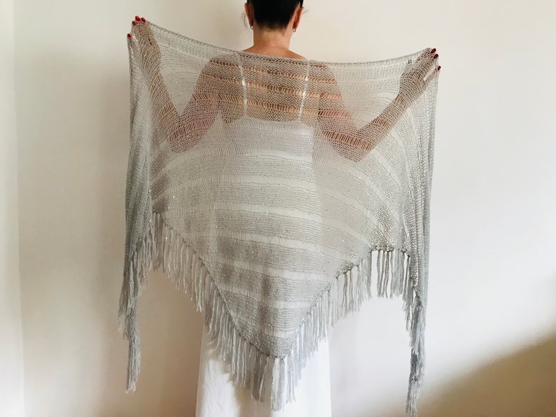 from USA Gray Mohair Wedding Shawl Fringe Triangle Shawl Sequins Bridal Shawl, Bride Wool Shawl Women, Bridesmaid Shawl Length 133/340cm image 9