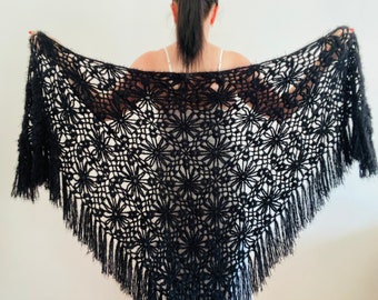 Black lace shawl fringe Ivory bridal shawl Fall winter wedding fringed triangle evening wrap Bride cover up Blue bridesmaid shoulder wrap 20