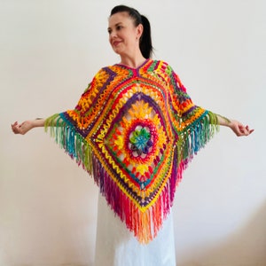 Rainbow plus size poncho women unisex poncho men crochet granny square poncho fringe festival vegan poncho geometric poncho cape coat 77
