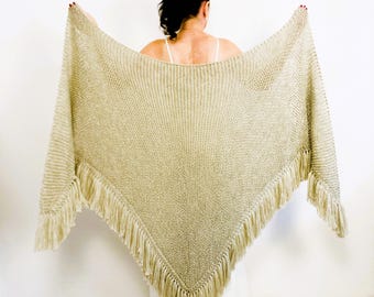Beige Alpaca Bridal Fringe Shawl, Knit Wool Wedding Formal Bridal Wrap, Bridesmaid Cover-up