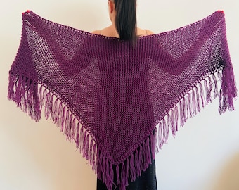Plum Alpaca Wedding Fringe Shawl, Wool Bridal Evening Wrap Plus Size