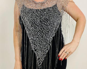 Shiny Silver Paillettes Fringe Shawl: Gray Sparkle Bohemian Lace Wrap, Gold Sequined Scarf