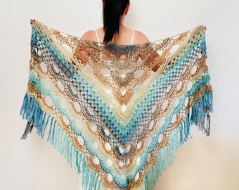 Blue Alpaca Shawl Fringe: Beige Bridal Wool Wrap