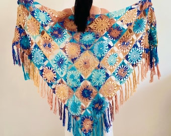 Indigo Blue Handmade Cotton Shawl Fringe, Rusty Lace Evening Wrap, Shoulder Cover