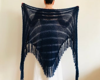 NAVY BLUE SHAWL bridal shawl, wedding cape, bridesmaid shawl, Mohair triangle shawl fringe Anniversary gift her wife mom