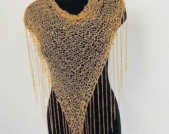 Gold Paillettes Lace Triangle Shawl Long Fringe, Sparkly Evening Wrap, Handmade Sequined Bridal Cover-Up