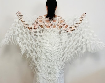 White Wedding Shawl Wrap, Cotton Triangle Shawl Fringe, Bridal Shoulders Wrap, Boho Bride Shawl 20