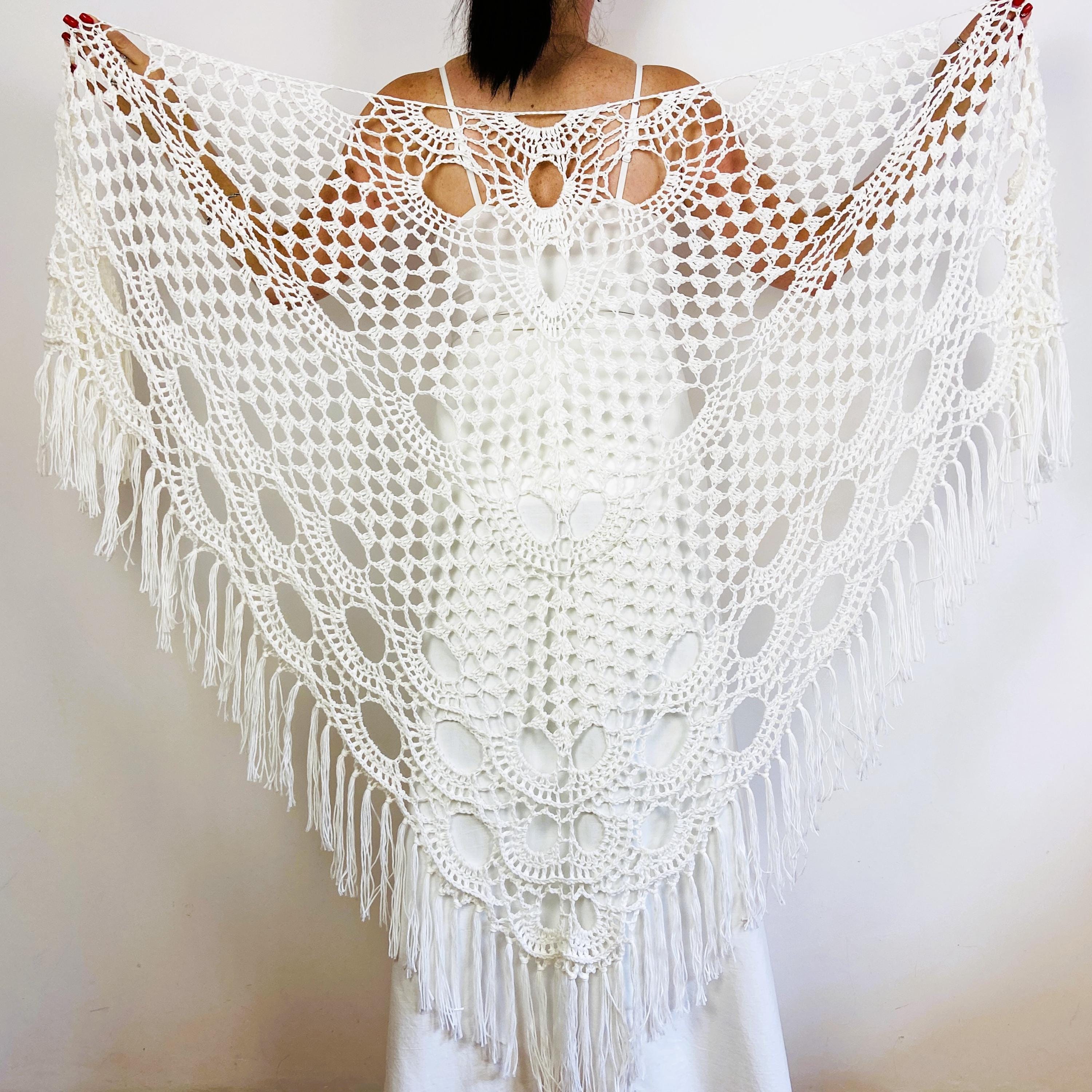 White Crochet Wedding Fringe Shawl, Cotton Bridal Wrap