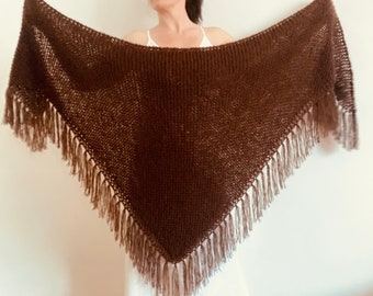 Brown Knit Shawl, Wedding Wool Shawl, Mohair Bridal Shawl, Triangle Women Shawl Fringe, Knit Shoulder Wrap, Bride Shawl, Anniversary Gift