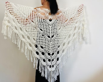 from USA White summer women shawl wedding triangle shawl fringe organic cotton shoulders wrap hand crocheted boho plus size festival shawl