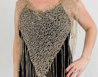 USA Beige Sequin Triangle Shawl Long Fringe, Elegant Silver Sparkle Wrap for Special Occasions
