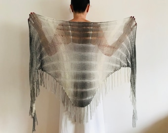 White Gray Gradient Shawl, Mohair Wool Women Shawl Fringe, Bridal Shawl, Wedding Shawl, Triangle Bride Shawl, Length 118"/300cm from USA