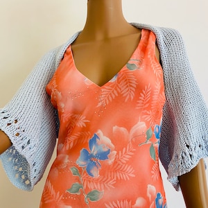 Turquoise Cotton Bolero Short Sleeves, Blue Beach Cover Up, Summer Shoulders Wrap Hand Crocheted, Crochet Loose Crop, Hand Knit Jacket image 8