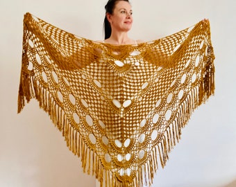 Mustard bridal shawl, orange wedding wrap, yellow bride shoulder wrap bridesmaid cover up triangle evening scarf cotton boho shawl fringe