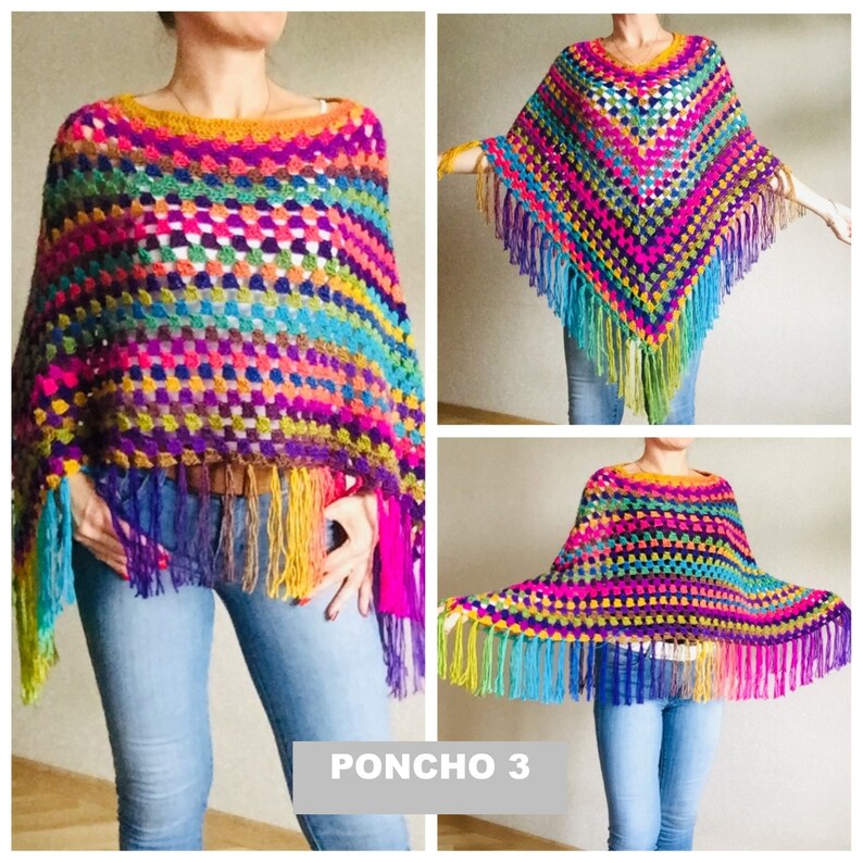 Multicolored Loose fit sweater Knit crochet Vegan festival hippie Pride winter poncho wrap plus size Rainbow soft poncho Women fringe vest