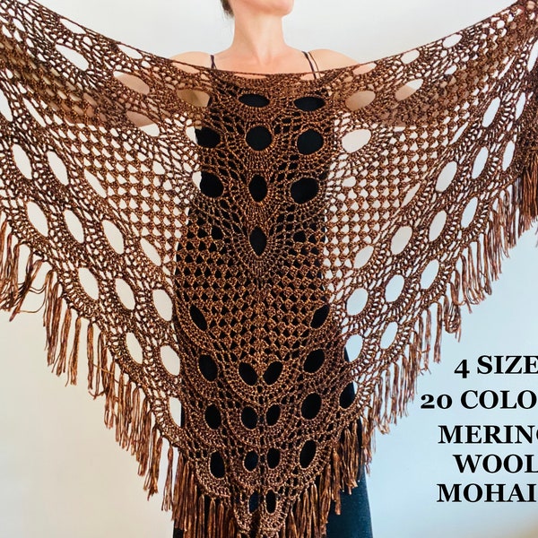 from USA Brown bridal shawl, Wedding black lace wrap, Copper bridesmaid Beige Bride shawl Plus size for women Fuzzy Triangle Shawl Fringe 77