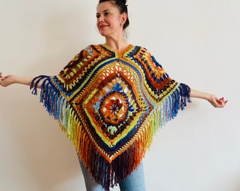 USA Rainbow Poncho Women Wool Poncho Boho Poncho Fringe  Yellow Blue Gradient Poncho, Plus Size Poncho, Festival Hippie Poncho Ombre