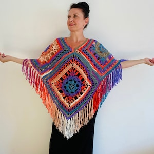 Rainbow poncho women granny square crochet poncho cape vegan festival multicolor poncho fringe