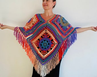 Rainbow poncho women granny square crochet poncho cape vegan festival multicolor poncho fringe