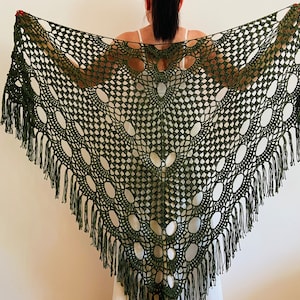USA Dark Green Bride alpaca Shawl Fringe, Triangle Wool knit shoulder wrap, Bridesmaid gift sister birthday, lace shawl