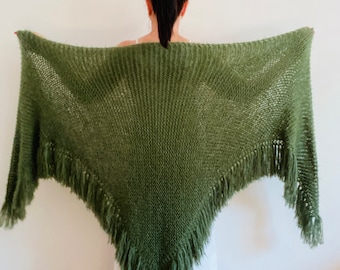 Green Shawl Fringe, Black Boho Evening fuzzy Wraps pin brooch, White Knit Triangle faux fur Vegan Scarf Blue Mustard Brown Gray Red