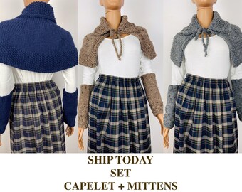 SET Alpaca Outlander Brianna's capelet with wool mittens brown Brianna cape fingerless gloves cosplay costume Outlander gifts mom wife