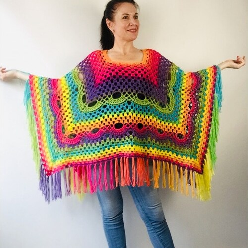 Blue poncho knit poncho fringe cape hippie poncho geometric poncho cape coat shops granny square poncho crochet poncho women vegan poncho