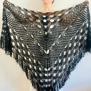 Black bridal shawl wool triangle shawl fringe bride shawl winter wedding dress shawl bridal cover up bridesmaid shawl anniversary gift