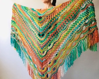 Green Wool Shawl Fringe, Burnt Orange Plus Size Hand Knit Wrap USA