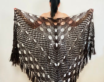 Black bridal fringe shawl, winter wedding lace shawl wrap, organic cotton summer white boho bridesmaid evening bridal shoulder wrap women