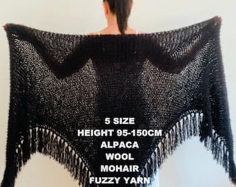 Black Alpaca Bridal Shawl Fringe, Large Winter Wedding Wool Wrap, Evening Bridesmaid Bride