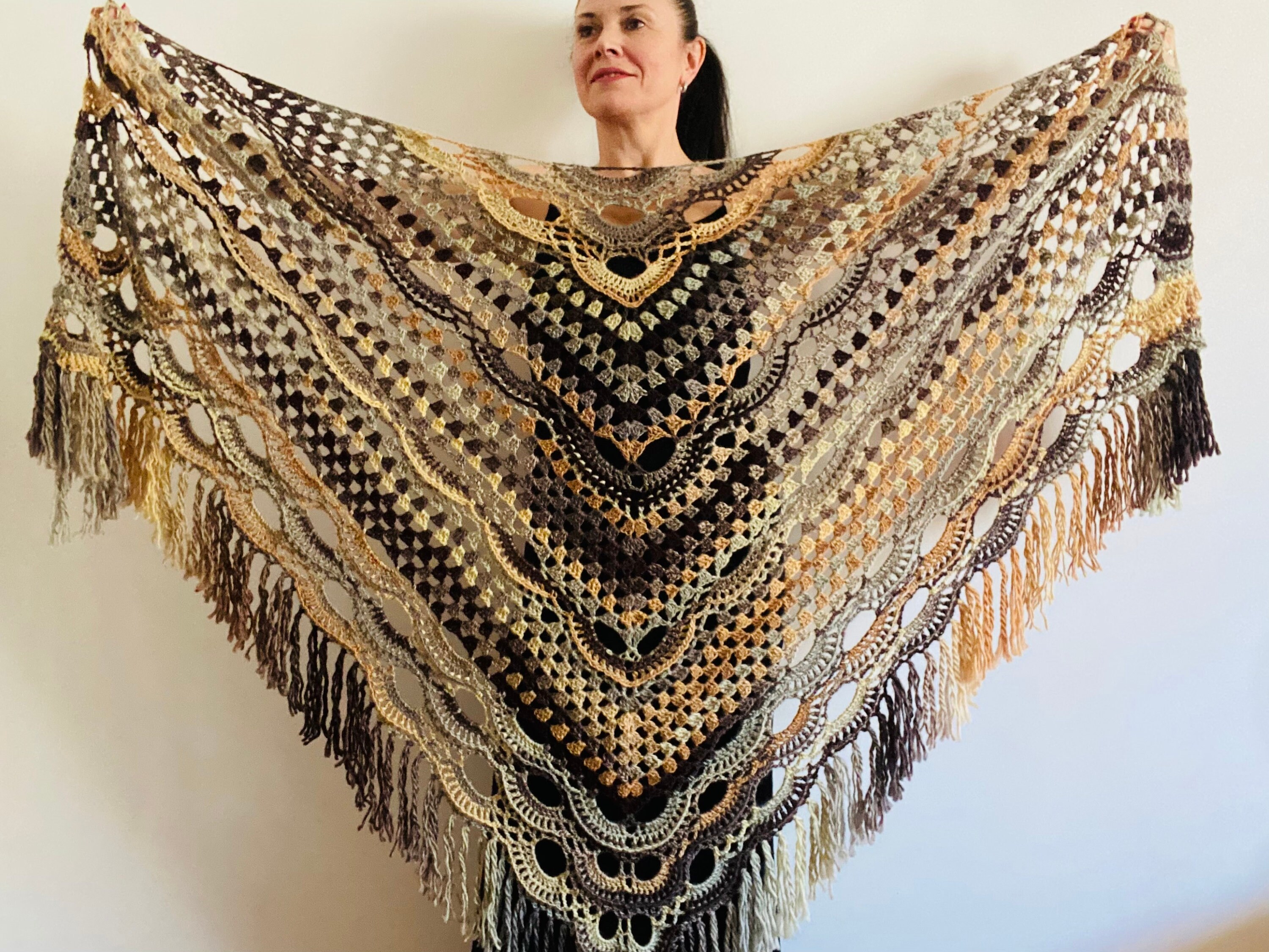 Beige Obsidian Virus Shawl Fringe Hand Knit Lace Triangle
