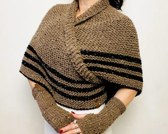 Beige Alpaca Outlander Claire Shawl, Black Wool Sontag Highlander Wrap