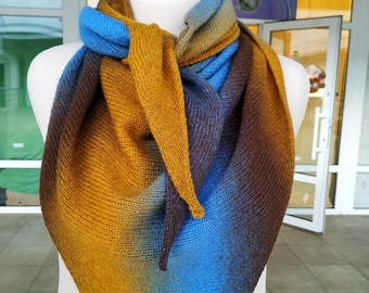 Brown Blue scarf wool gradient scarf 100 hand dyed sheep wool orange triangle shawl winter warm designer knit women long scarf in USA
