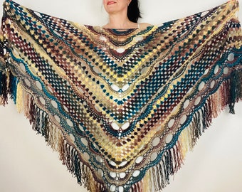 Crochet Wool Ombre Shawl: Boho Rainbow Fringe Triangle Shawl