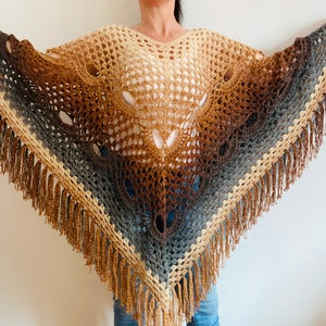 from USA Brown obsidian poncho women, gradient ombre crochet poncho, wool plus size poncho fringe, fall winter festival poncho cape image 1