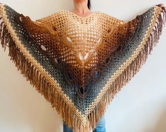 from USA Brown obsidian poncho women, gradient ombre crochet poncho, wool plus size poncho fringe, fall winter festival poncho cape