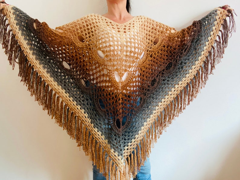 from USA Brown obsidian poncho women, gradient ombre crochet poncho, wool plus size poncho fringe, fall winter festival poncho cape image 1