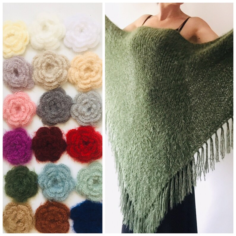 Green Bridal shawl Bridesmaid shawl Winter wedding shawl hand knit Triangle shawl cover up Bride shawl Soft warm fuzzy shawl Bridal wrap
