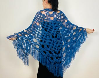 Alpaca Royal blue shawl fringe fall winter wedding wool shawl Navy bride shoulder wrap bridesmaid, bridal evening triangle shawl