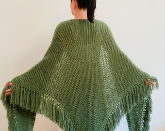 Green Bridal Shawl with Fringe, Fuzzy Mohair Wedding Wrap