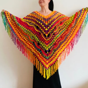 Rainbow Poncho Fringe Plus Size Poncho Women Festival Hippie Poncho Ombre Crochet Poncho Cape Summer Boho Poncho