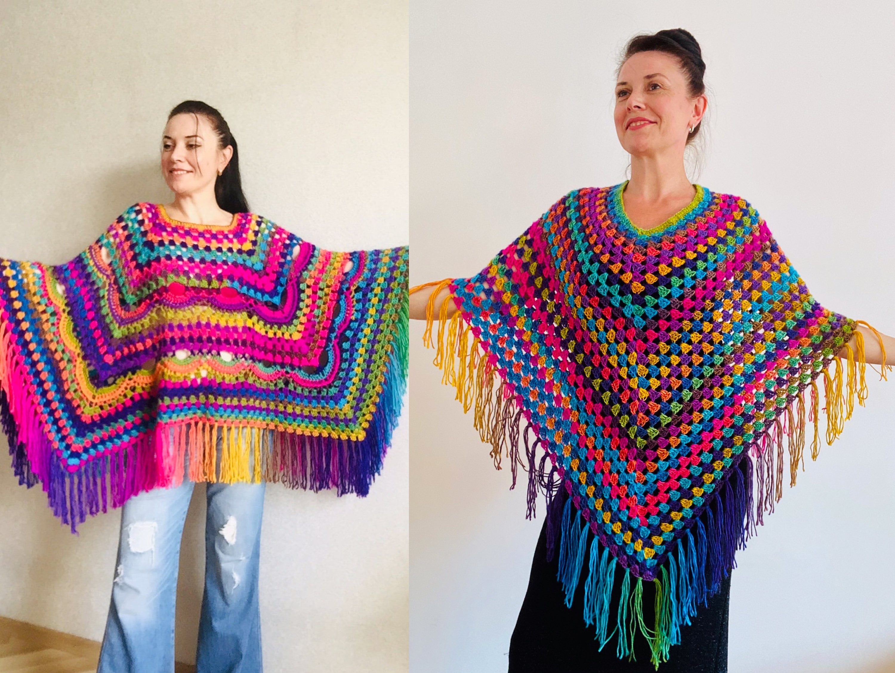 BIG Multicolor rainbow hand crochet shawl Boho Tringle Scarf Vintage Wrap Hand knit shawl Hippie shawl granny shawl Bohemian shawl hand made