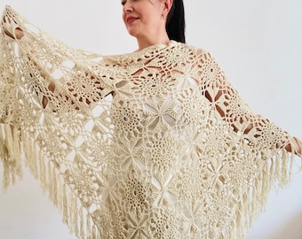 Beige shawl, lace shawl, bridal shawl, fall winter wedding fringed shawl evening wrap triangle bridesmaid wrap bride shawl shoulder cover 20